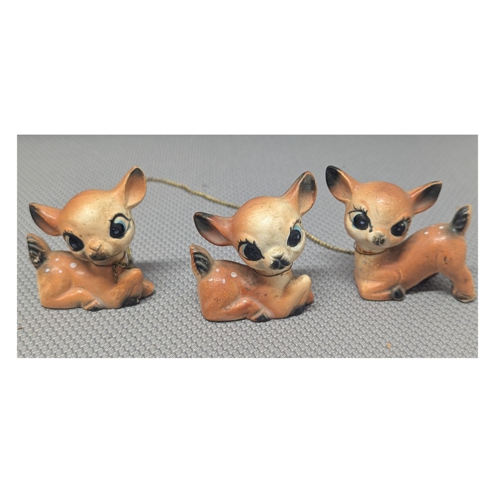 Vintage Ceramic Deer Family Figurines Set of 3 Chain Linked Fawn Big Eye Kitsch